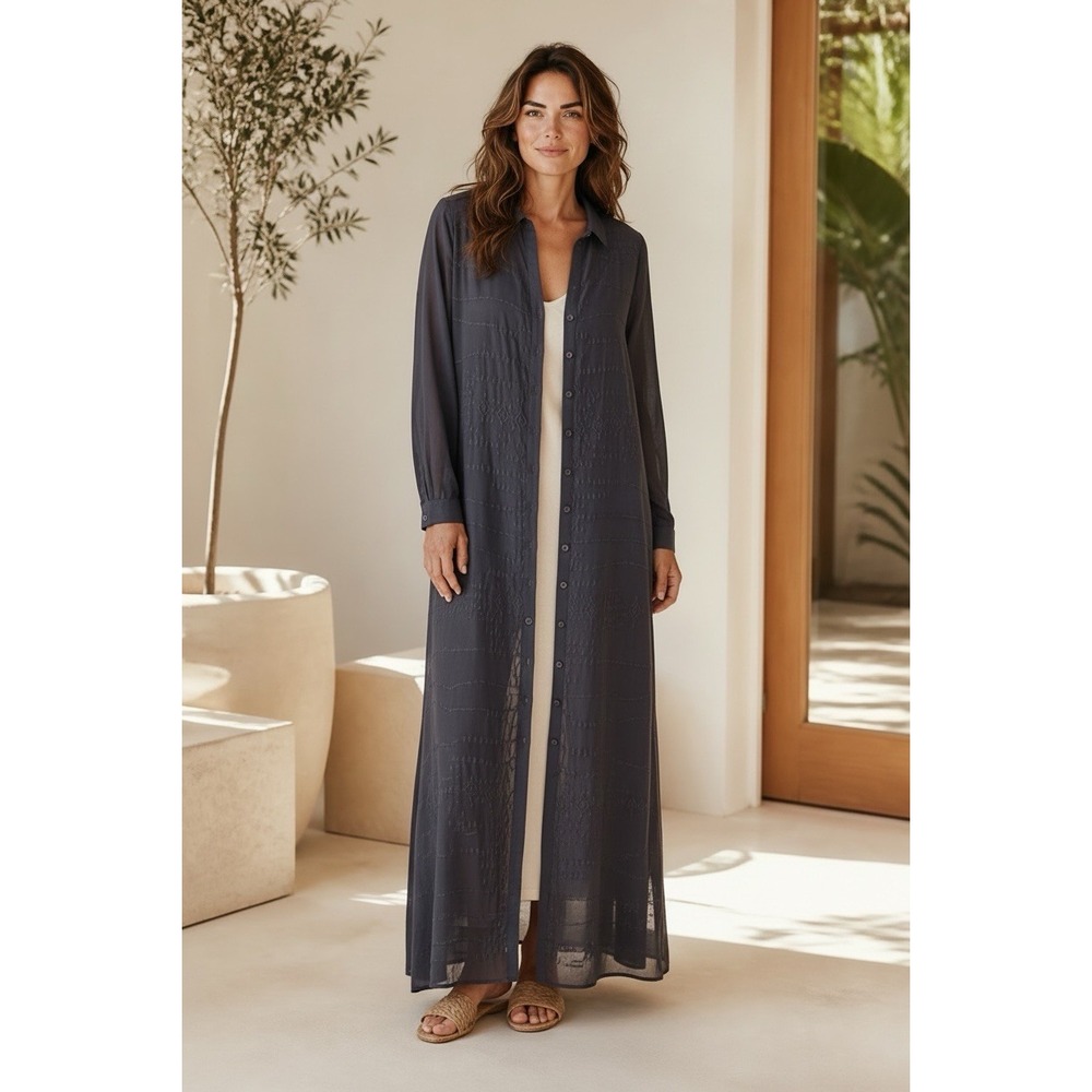 Sheer Embroidered Maxi Duster Sz S Long Boho Chic Layering Button Front